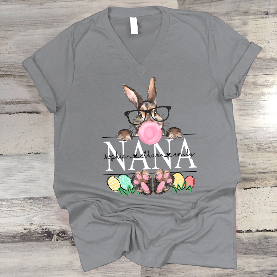 Bunny With Glasses & Bubblegum, Nana With Kids, Easter Day Gift Cth01 V-Neck