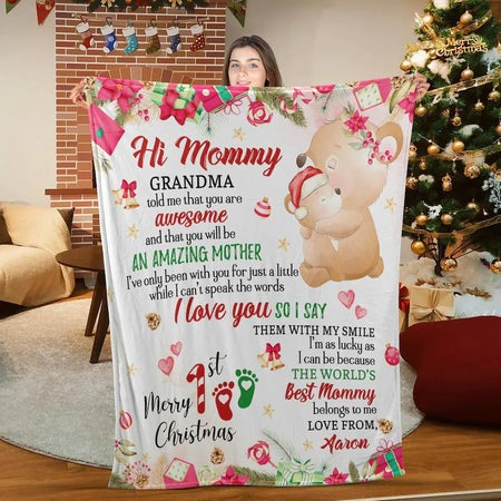 Personalized Blanket For Future Mom Dad, Little Bear Christmas Blanket Gift, Custom Name Gifts For First Christmas