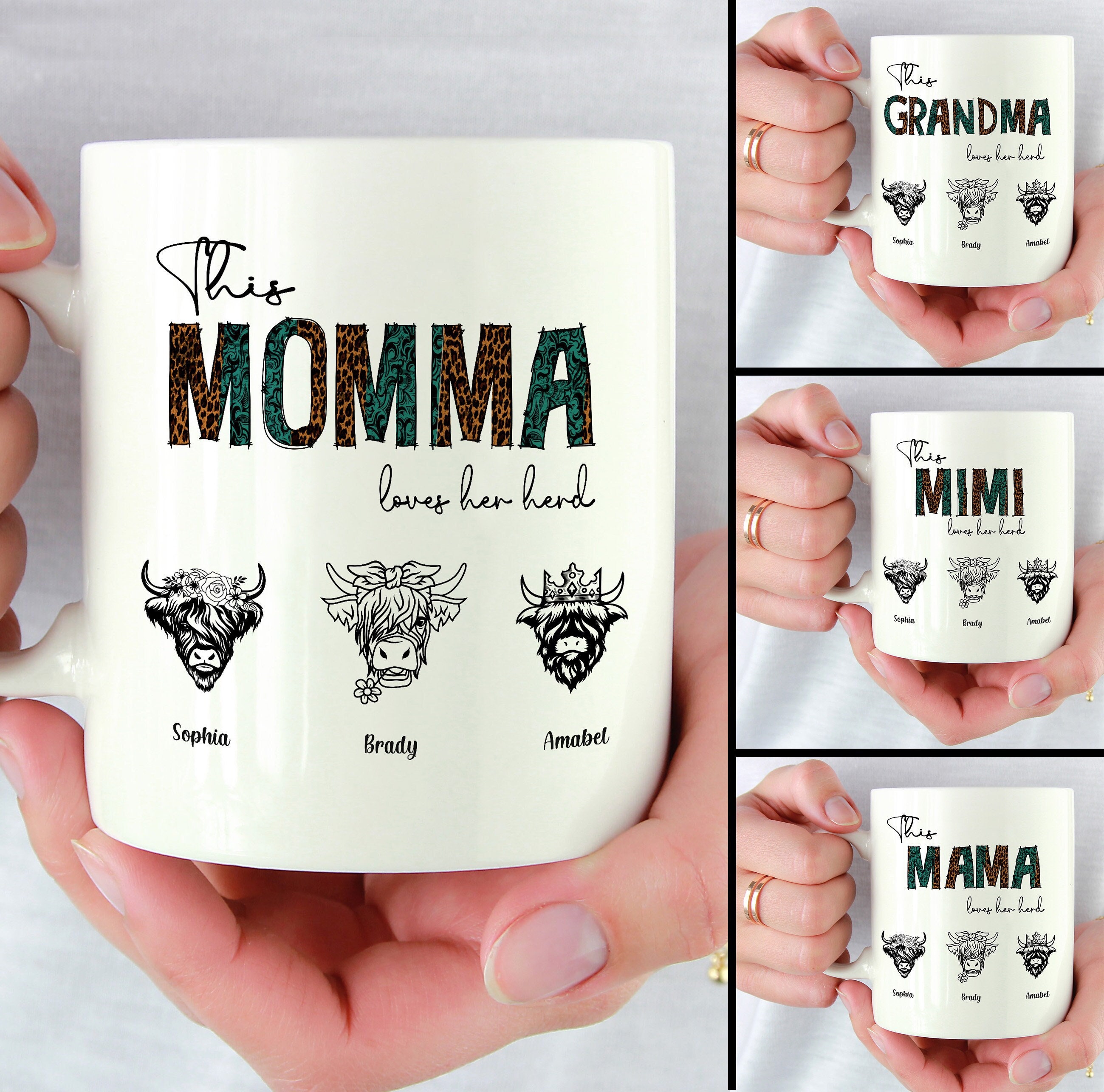 Personalized This Momma Loves Her Herd Mug, Mother’s Day Gift, Cowhide Mama Loves Her Herd, Highland Cows, Gift For Grandma, Gift From Kid.