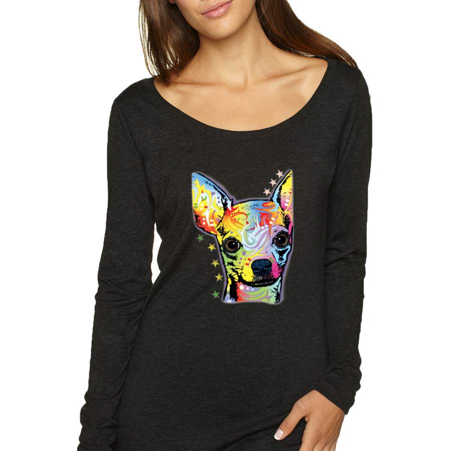 Dean Russo Colorful Chihuahua Animal Lover Womens Scoop Long Sleeve Top