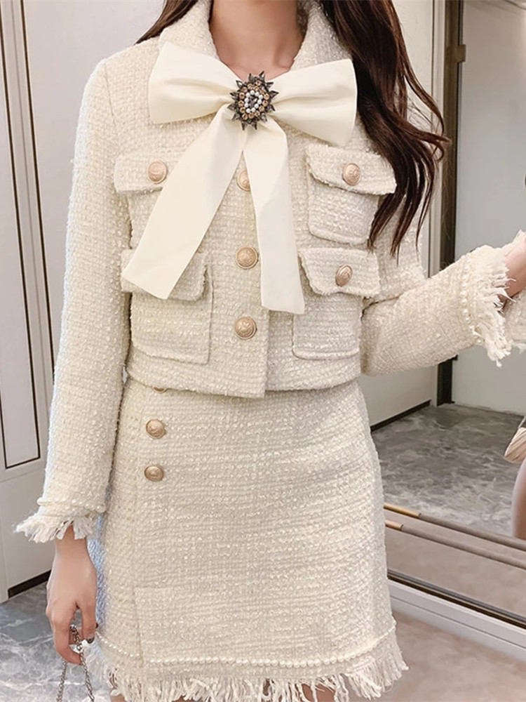 2021 Winter New Women Tweed Fringed 2 Two-Piece Set Sexy Long Sleeve Lapel Coat + Short Skirt Set Vestidos Party Suit alx