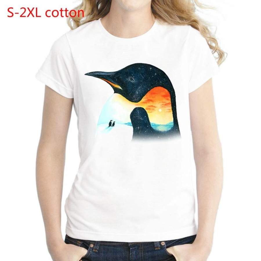 Newest Women Fashion Penguin T Shirt Short Sleeve O-Neck T-shirt Penguin Sunset Printed Cool Tee Shirts