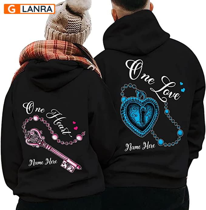 Personalized One Heart One Love Hoodie, Custom Key Lock Couple Hoodie, Matching Couple Hoodie, Husband Wife Hoodie, Unisex Sweater, Sweatshirt