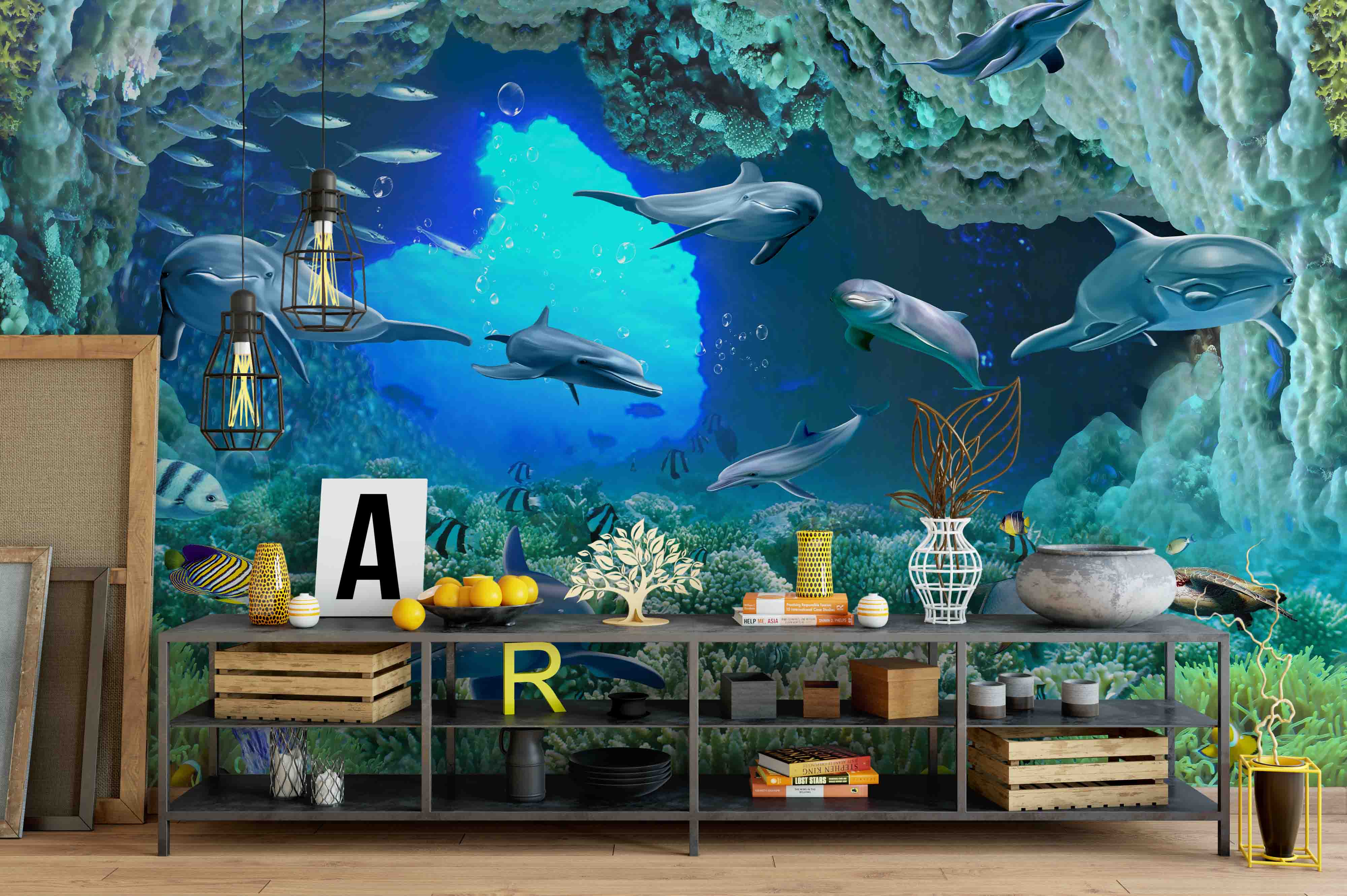 3D Dolphin Underwater World Wall Mural Wallpaper Lqh 140