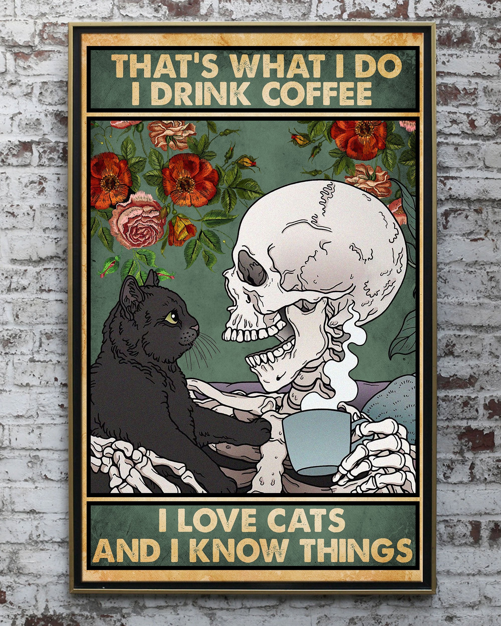 Skeleton Love Black Cat And Coffee Canvas And Poster, Canvas Prints, My Poster Wall, Canvas Wall Art, Wall Decor Visual Art, Happy Halloween