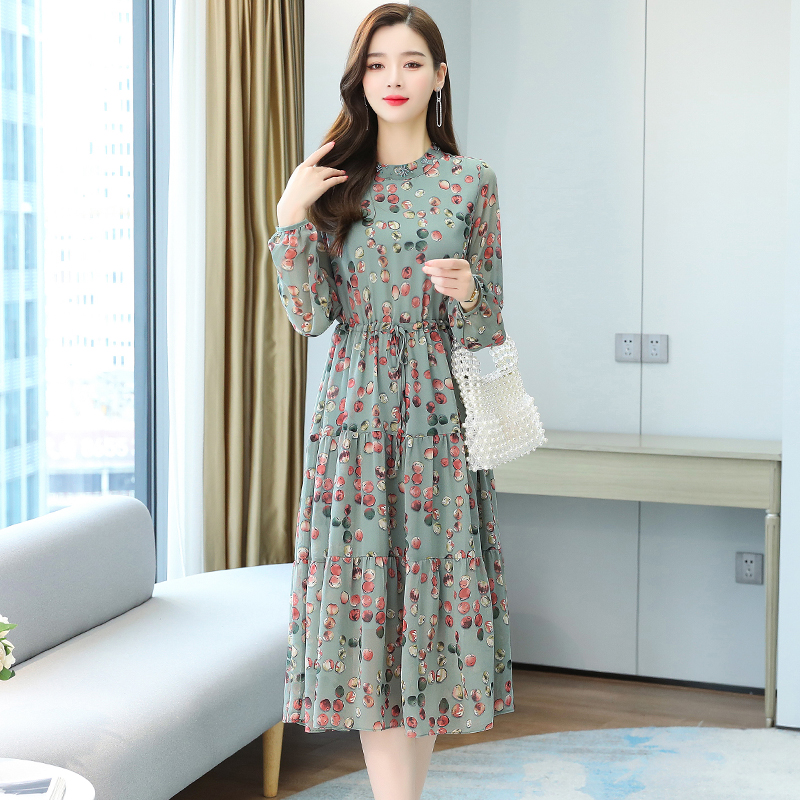 Spring Autumn Print Chiffon Office Lady Midi Dress Women Vintage Bodycon Elegant Long Sleeve Robe 2022 Boho Casual Beach Dresses alx