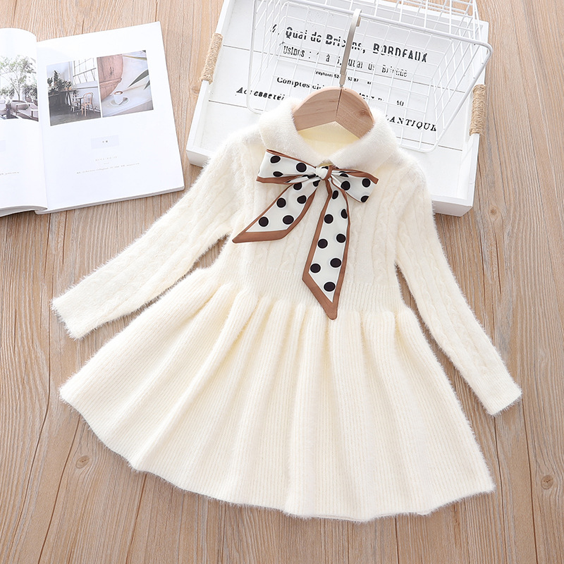 Autumn winter Korean princess dress children’s knitted bow sweater 3-7 years old girl long-sleeved sweaters A-line dresses alx