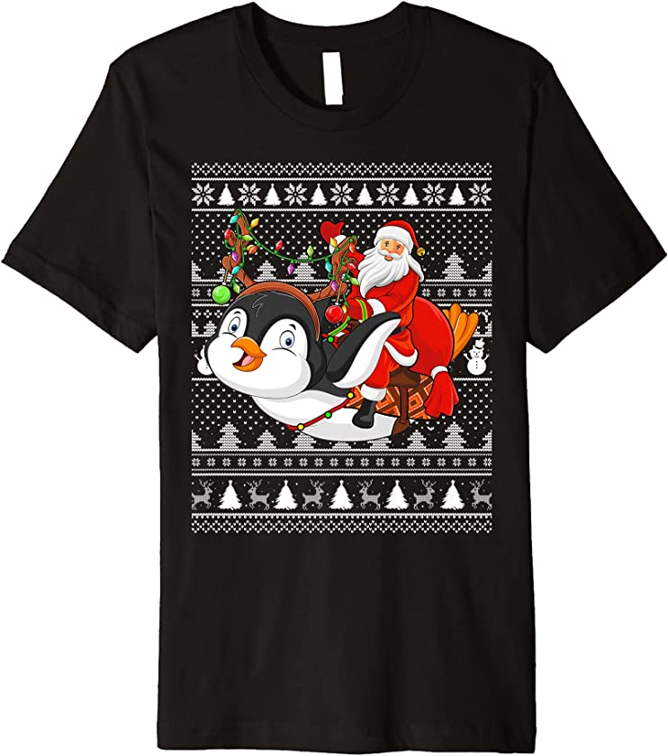 Funny Penguin Lover Santa Riding Penguin Ugly Christmas Premium T-Shirt