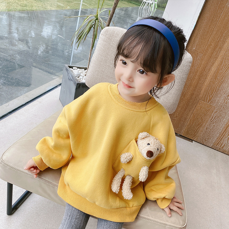 2-7T Cute Korean Kids Clothes Winter Fleece Warm Hooded Coat Bear Sweatshirt Little Girls Sweatshirt Thickened Outfits 2021 alx