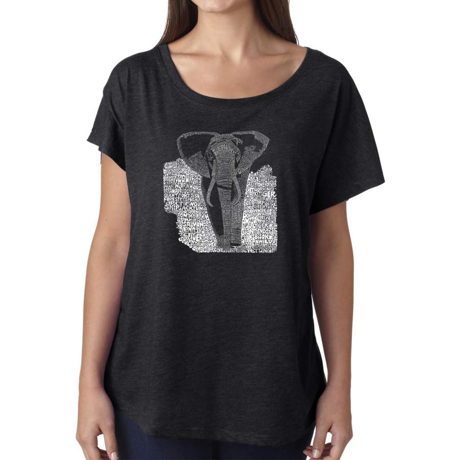 LA Pop Art Women’s Dolman Word Art Shirt – ELEPHANT