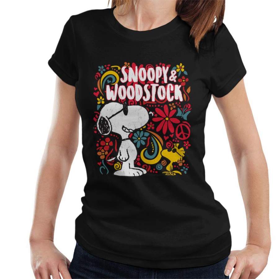 Peanuts 70s Floral Snoopy And Woodstock Women’s T-shirt