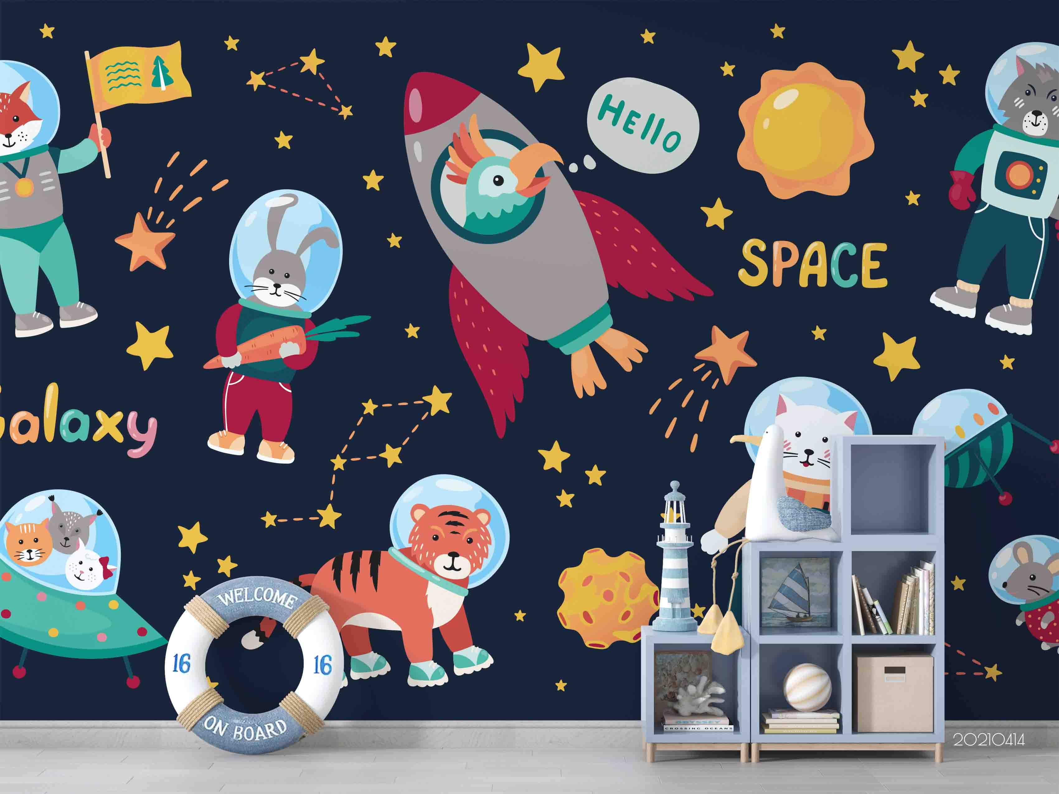 3D Cartoon Space Animal Astronaut Rocket Wall Mural Wallpaper Lqh 242