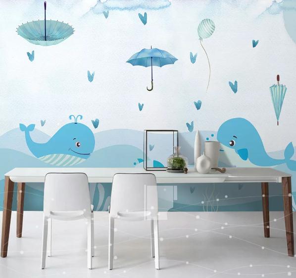 3D Cartoon Blue Dolphin Umbrella Wall Mural Wallpaper 167