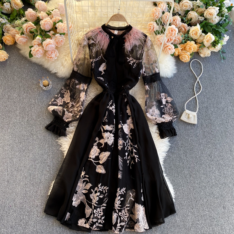 Spring Summer Fairy Flower Embroidery Dress Women Elegant Lantern Sleeve Mesh Patchwork Party Vestidos Black alx