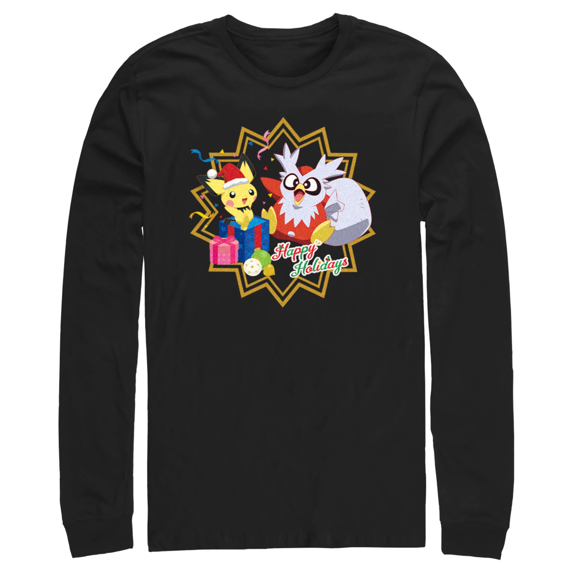 Men’S Pokemon Christmas Pikachu And Delibird Happy Holidays Long Sleeve Shirt