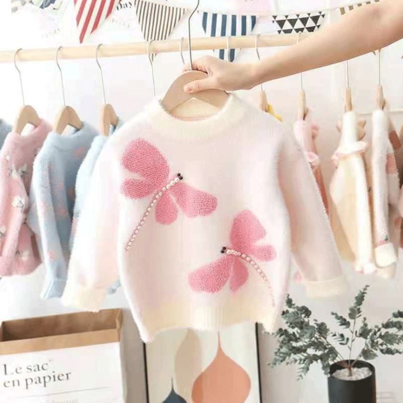 2022 Autumn Winter Dragonfly Cartoon Girl Princess Baby Jumper Children Sweaters Toddler Mink Fleece Pullover Kid Knitted Clothe alx