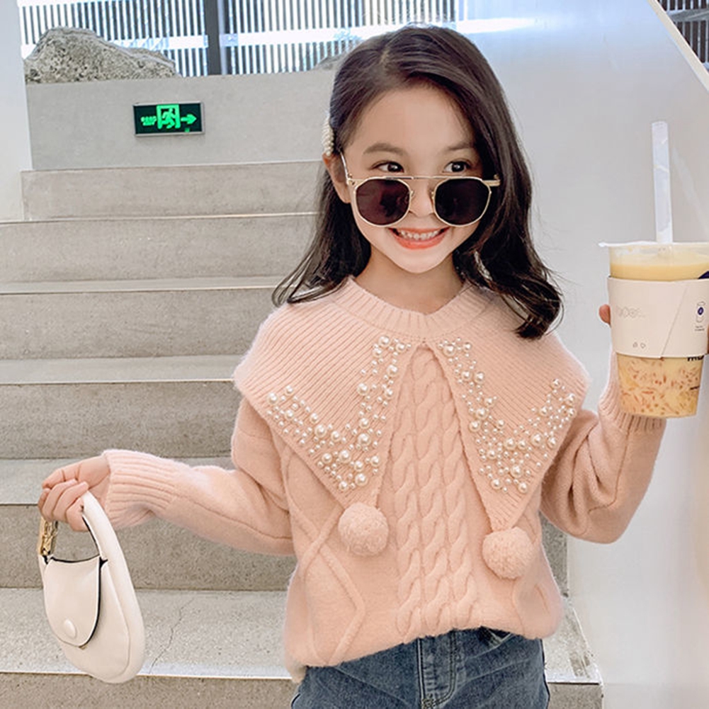 Children’s Solid Color Pearl Knitted Thickening Girl Cute Winter Warm Casual Wild Sweater Top New Fashion Trend Inner Clothes alx