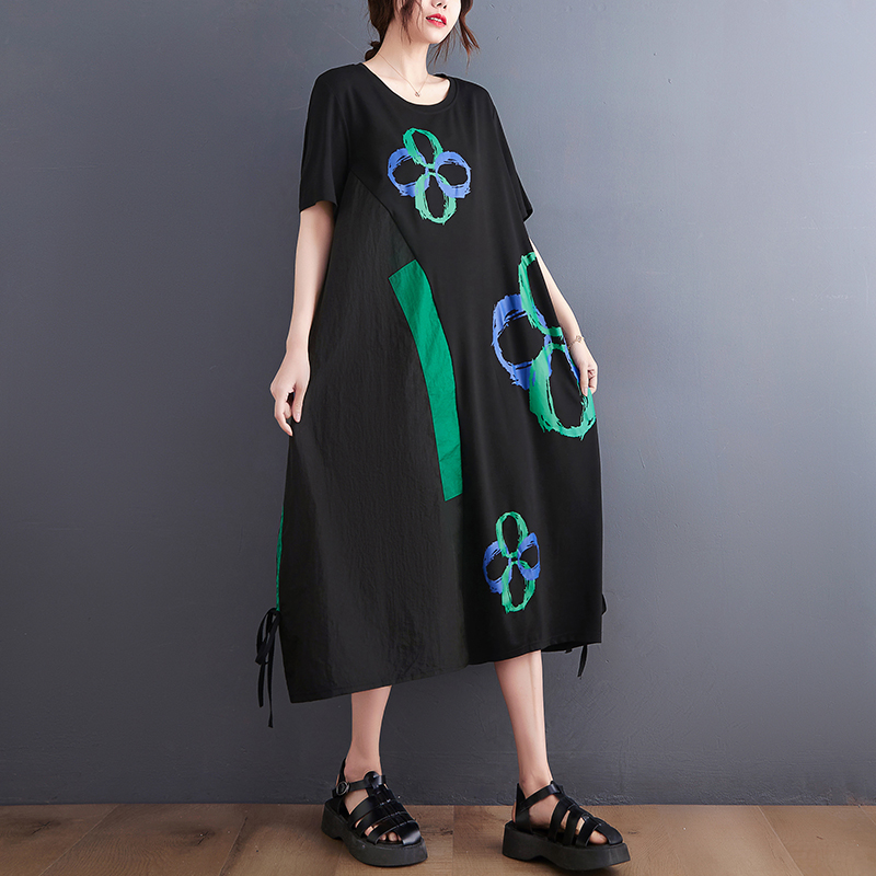 2022 New Arrival Patchwork Print Draw String Street Fashion Girl’s Chic T Shirts Summer Dress Loose Women Casual Dress alx