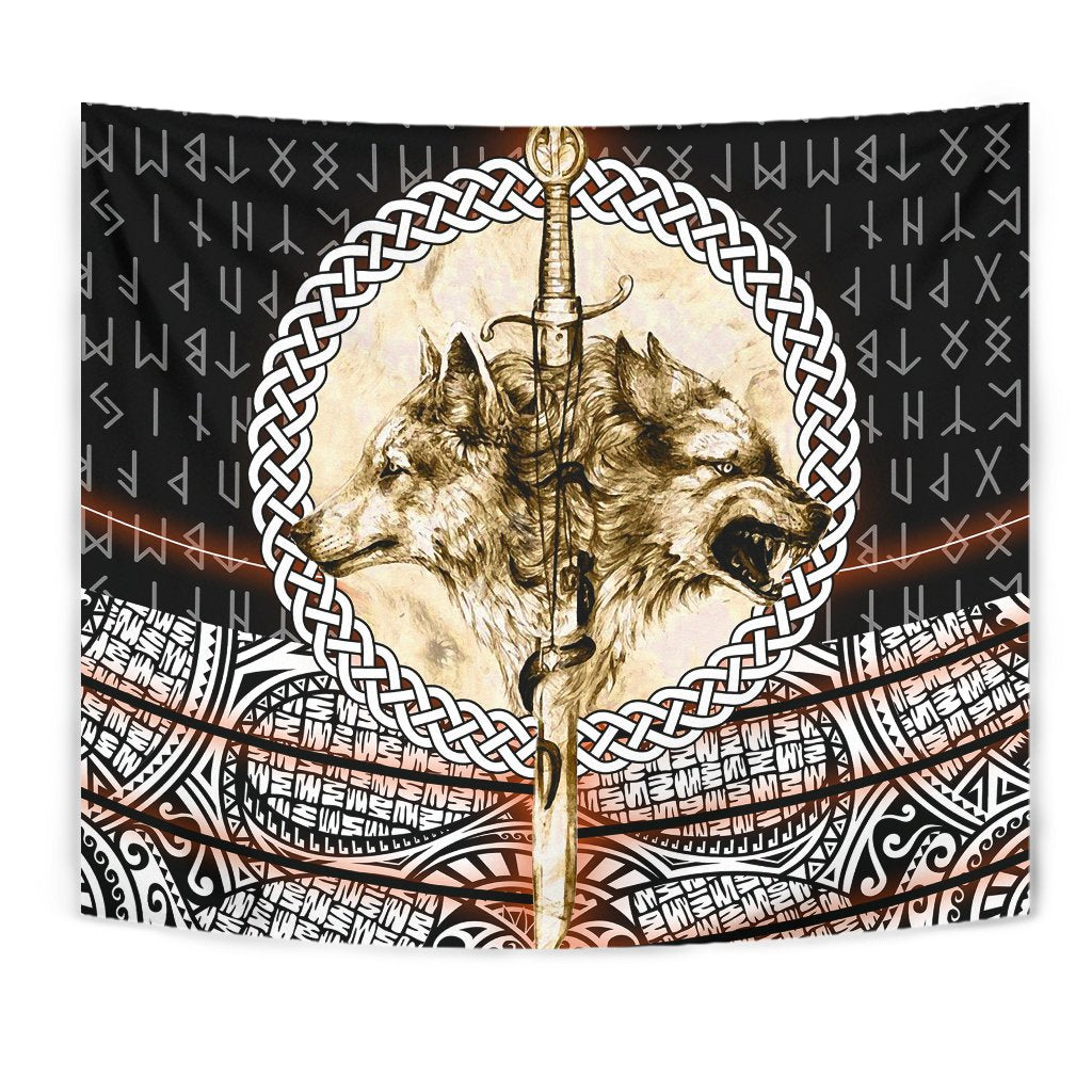 Viking Style Tapestry - Wolf and Vikings Tattoo 3D A27 - TattoosCafe