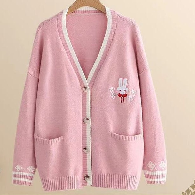 Deeptown Kawaii Pink Rabbit Print Knitted Cardigan Sweater Women Cute Preppy Fashion Long Sleeve Oversize Jumper Female Winter alx