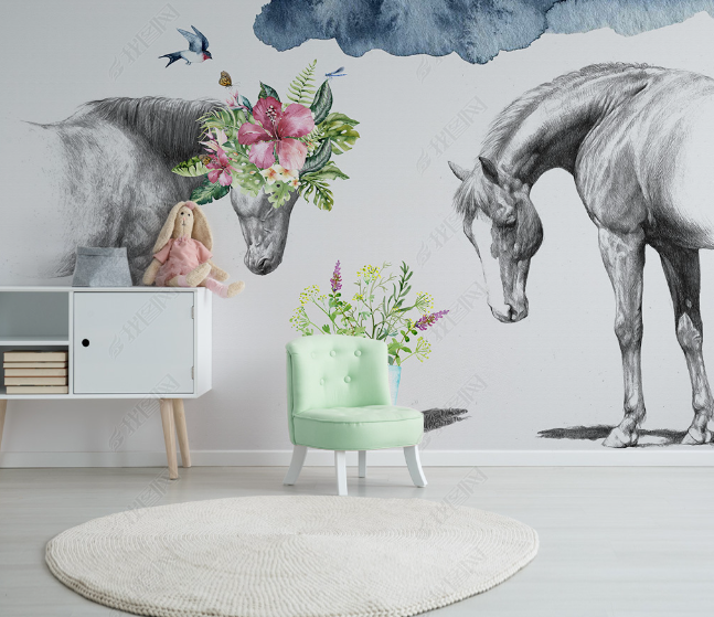 3D Hand Drawn Animal Horse Floral Wall Mural Wallpaper Lqh 26