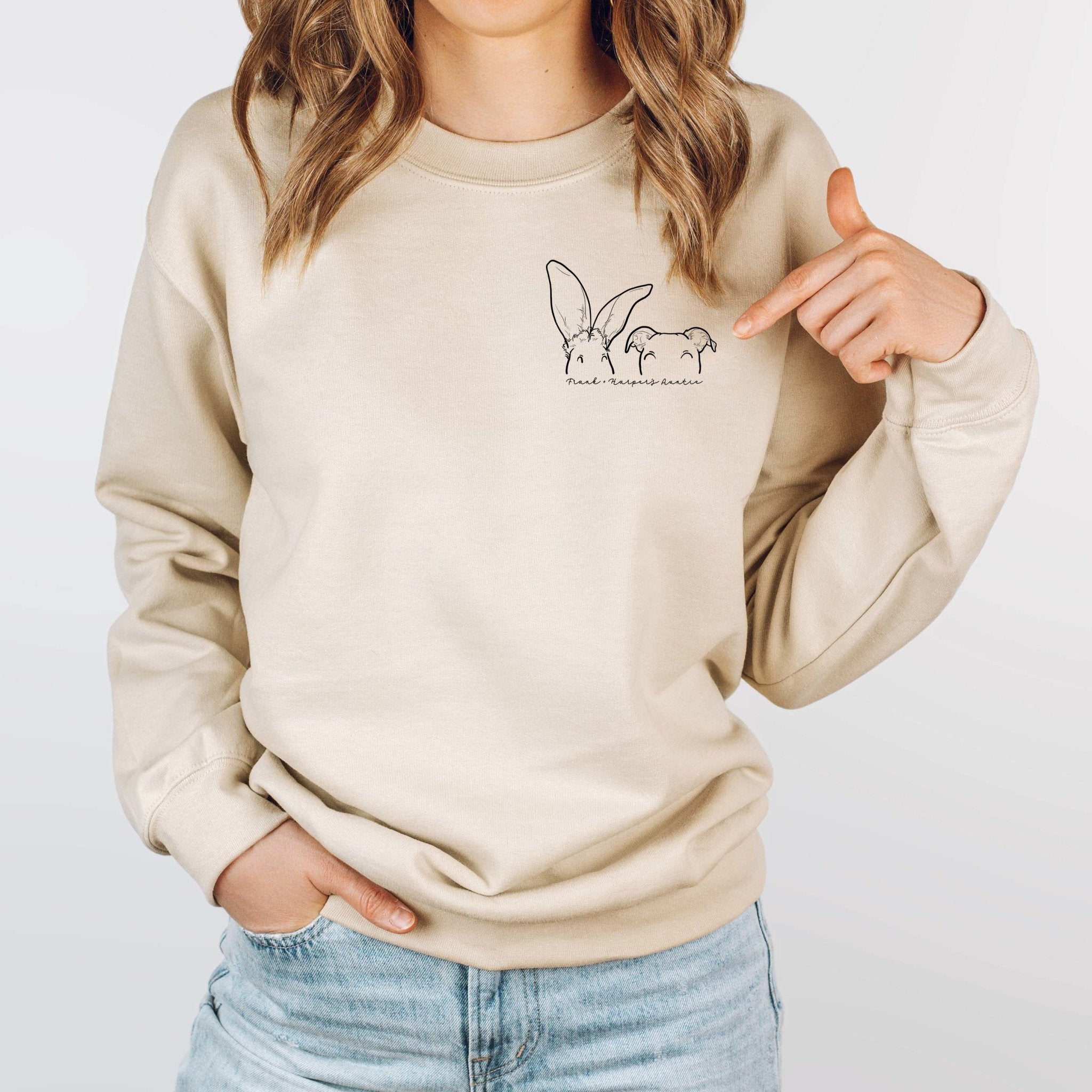 Unisex Custom Print Rabbit Ears Outline Crewneck Sweatshirt, Personalized Pet Ears Sweater