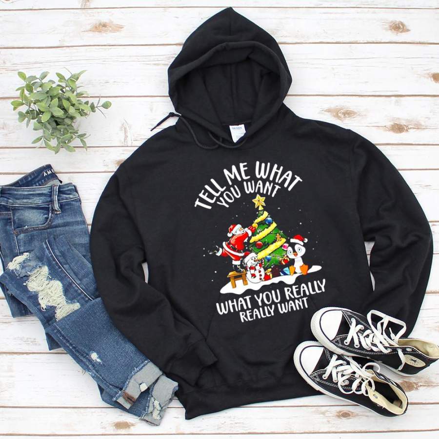 Christmas with santa claus tell me what you want cute penguins snowman xmas tree snow black hoodie for men and women S-5XL