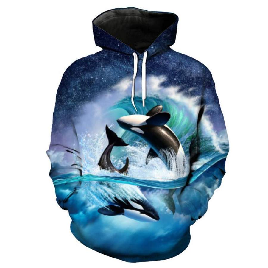 Fish Style Playful Blue Whale Print Fashion Hooded Sweatshirt Cool Sportswear