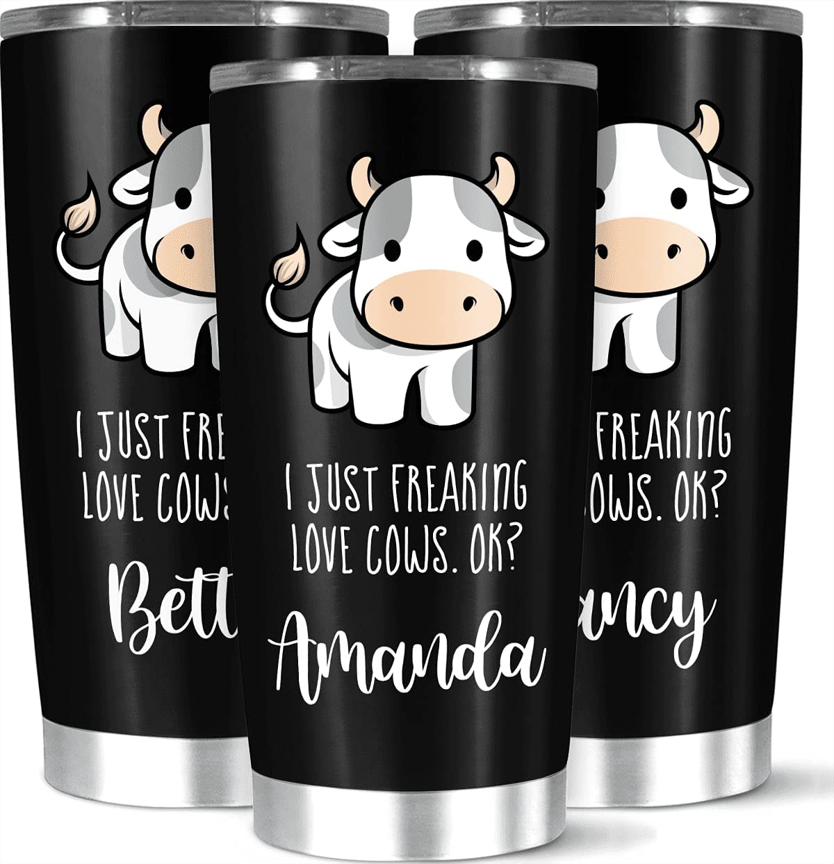 Personalized Pretty I Just Freaking Love Cow Vacuum Insulated Coffee Tumbler For Unique Birthday Gift, Premium Customized Cute Animal Coffee Cup, Name Custom 20 Or 30 Oz Tumbler, White