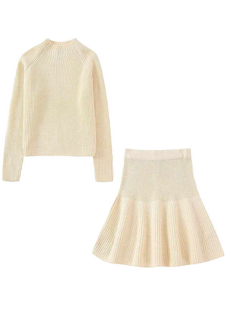 Women Knitted Mini Skirt Suit Crew Neck Solid Pullover Sweater Knitting Skirts 2 Piece Set 2022 New College Eleganrt Lady Outfit alx