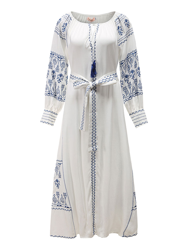 Summer new style of retro ethnic travel holiday embroidered long dress Bohemian beach island dress V neck loose oversize dress alx