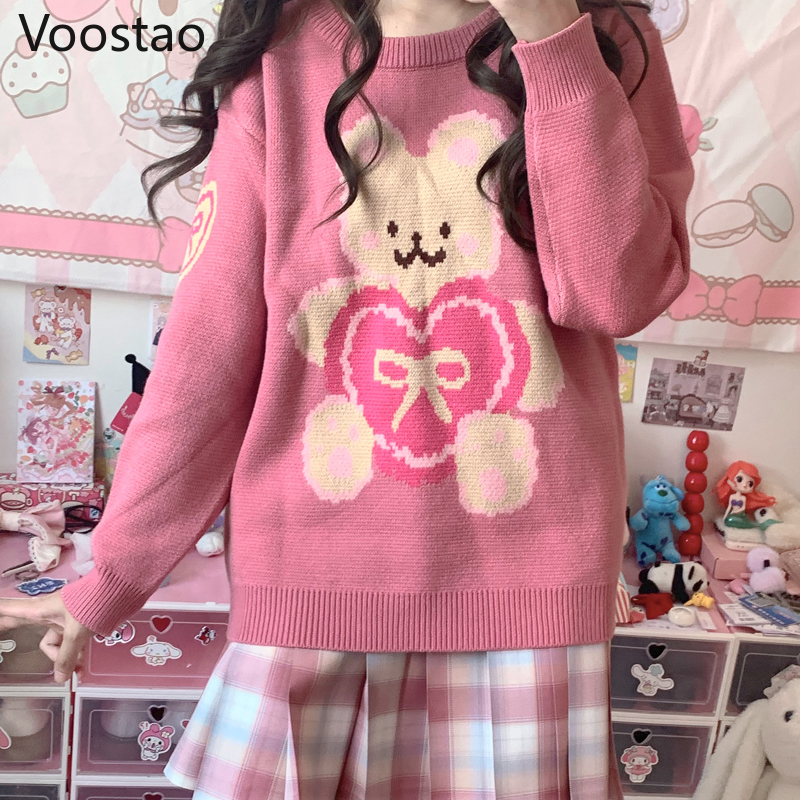 Autumn Winter Sweet Lolita Cartoon Bear Knitted Pullovers Tops Japanese Girly Cute Loose JK Sweaters Women Kawaii Pink Knitwear alx