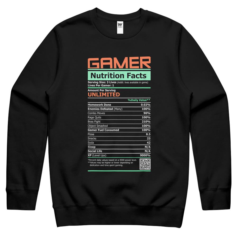 Nutritional Facts Shirt, Gamer Nutrition Facts Shirt, Gamer Nutritional Facts Label Funny Graphic Crewneck Sweatshirt