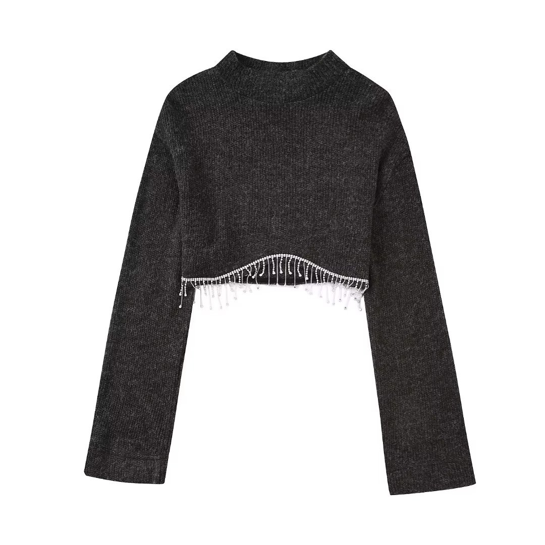 Women Fashion With Jewel Fringed Soft Cropped Knit Sweater Vintage High Neck Long Sleeve Female Pullovers Chic Tops alx