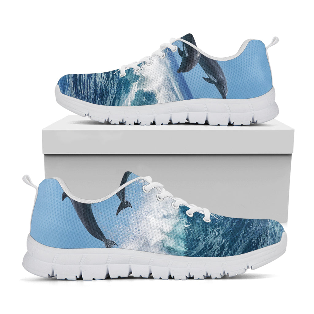 Dolphins Jumping Over Waves Print White Sneakers