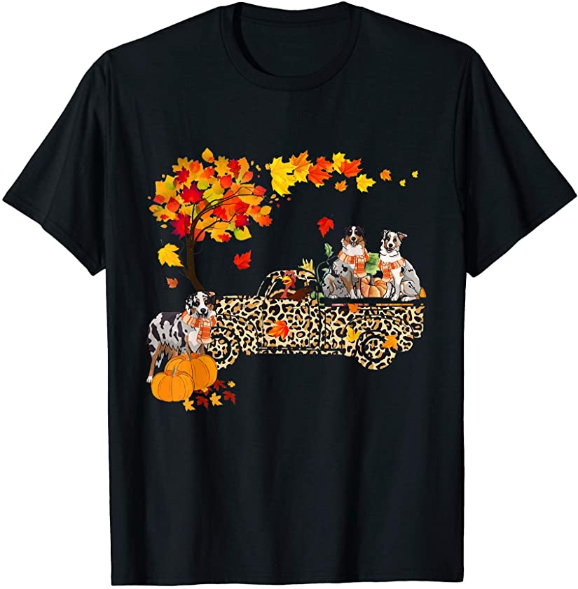 Australian Shepherd Riding Leopard Plaid Truck Thanksgiving T-Shirt