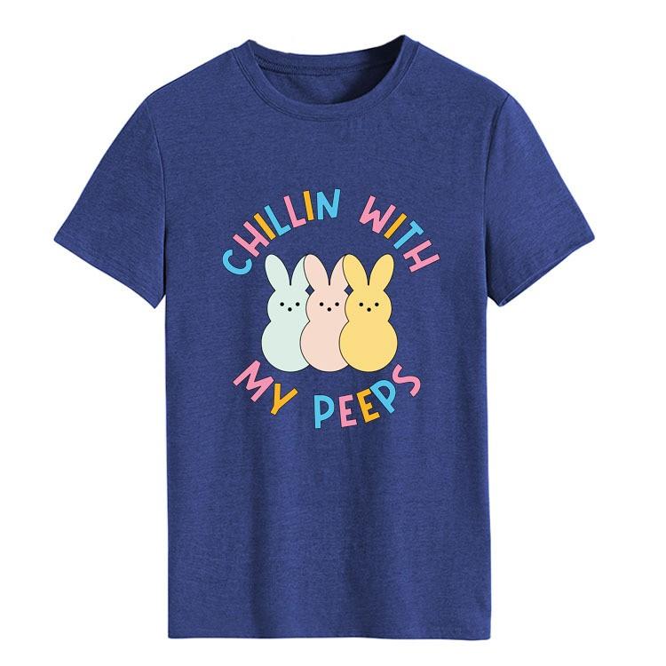 Women’S Chillin With My Peeps Easter Bunny Alphabet Print Short Sleeve Crew Neck T-Shirt