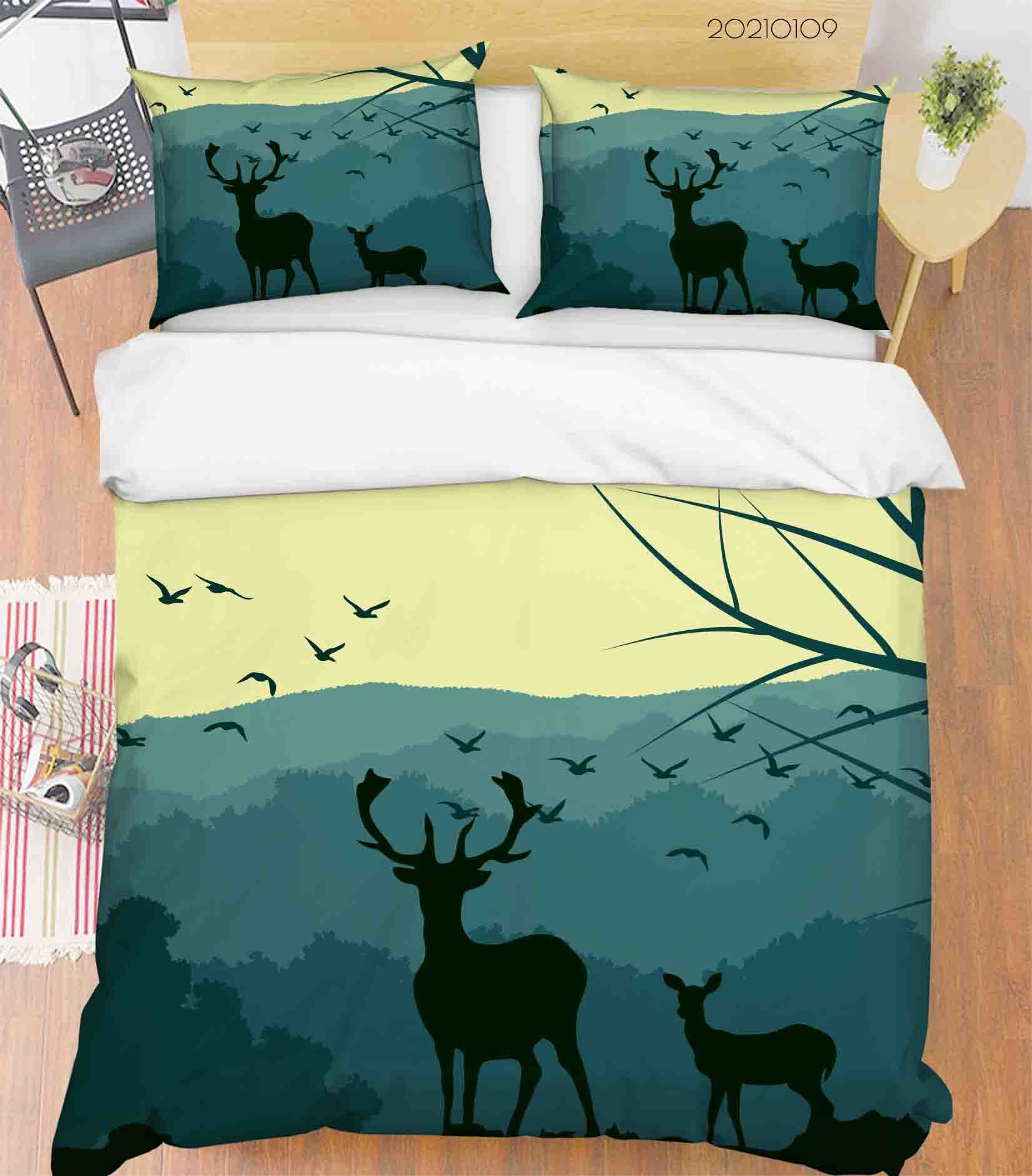 3D Cartoon Green Forest Animal Elk Quilt Cover Set Bedding Set Duvet Cover Pillowcases 47 Lqh