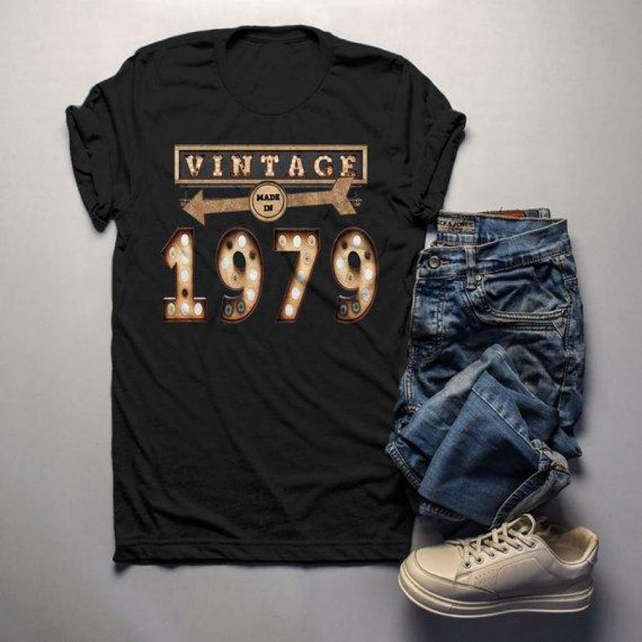 Men’s Vintage T Shirt 1979 Birthday Shirt 40th Birthday Tee Light Bulb Marquee Sign Retro Gift Idea Vintage Tee