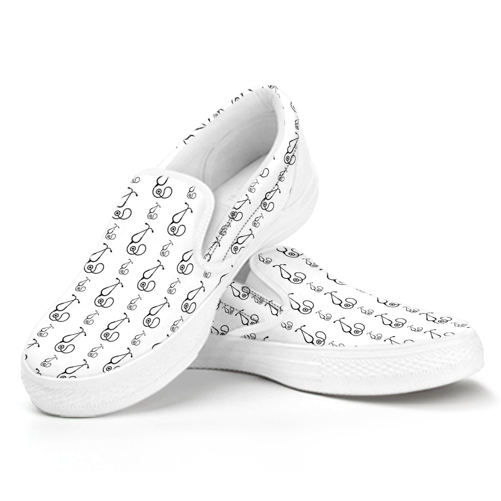 White And Black Stethoscope Print White Slip On Shoes