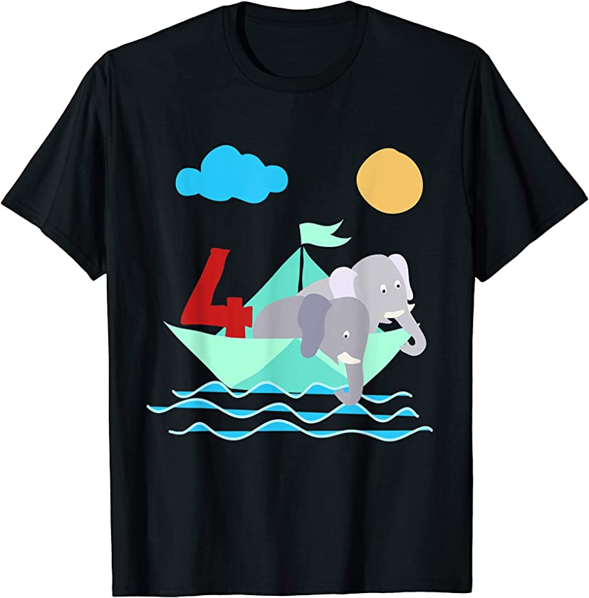 elephants in paper boat sea 4 years birthday T-Shirt