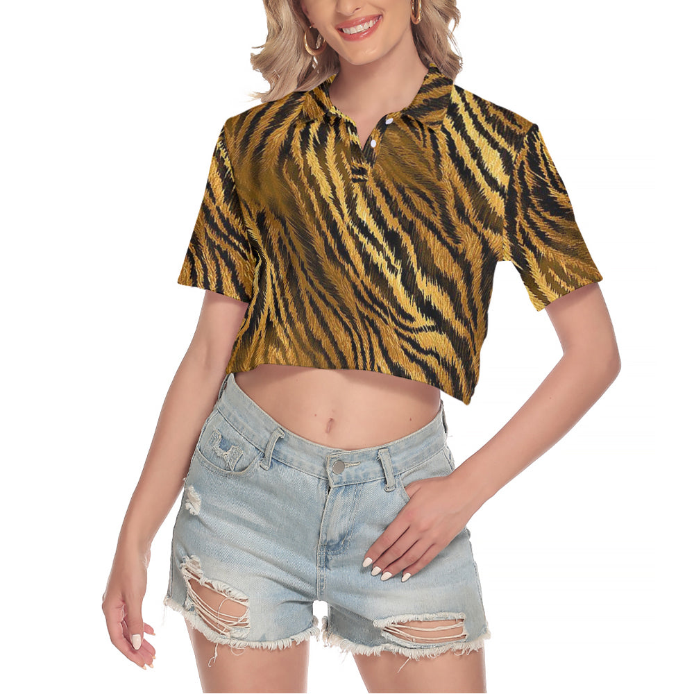 Tiger Skin Print V-Neck Short Sleeve Cropped T-Shirt