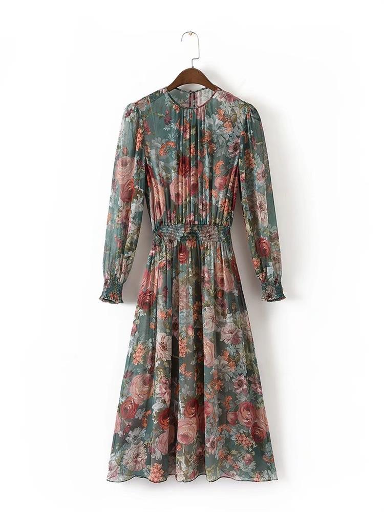 Autumn Vintage Long Sleeve Printed Chiffon Dress