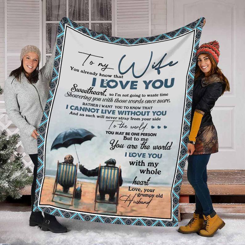 To My Wife Blanket, You Are The World, I Love You With My Whole Heart, Love Your Grumpy Old Husband,Gift For Wife Family Home Decor Bedding Couch Sofa Soft And Comfy Cozy