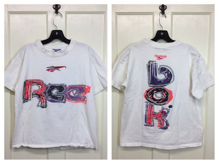 1980S Reebok Neon Red Purple Silver Print Shirt