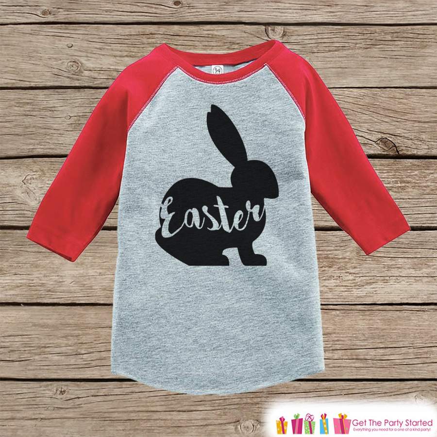 Kids Easter Outfit – Easter Bunny Shirt or Onepiece – Bunny Silhouette Easter Egg Hunt Shirt – Baby, Toddler, Youth – Happy Easter – Red