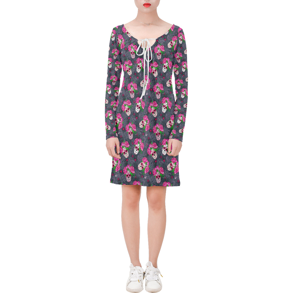Sugar Skull Pink Rose Themed Print Long Sleeves Dress Donuink Store