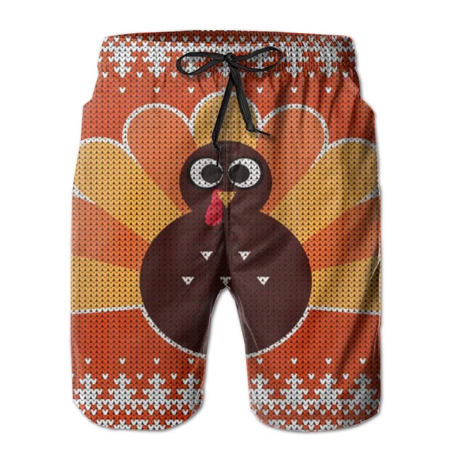 2 Pack Thanksgiving Cute Turkey Ugly Sweater Poster Men Swim Trunks Drawstring Elastic Waist Quick Dry Beach Shorts with Mesh Lining Swimwear Bathing Suits