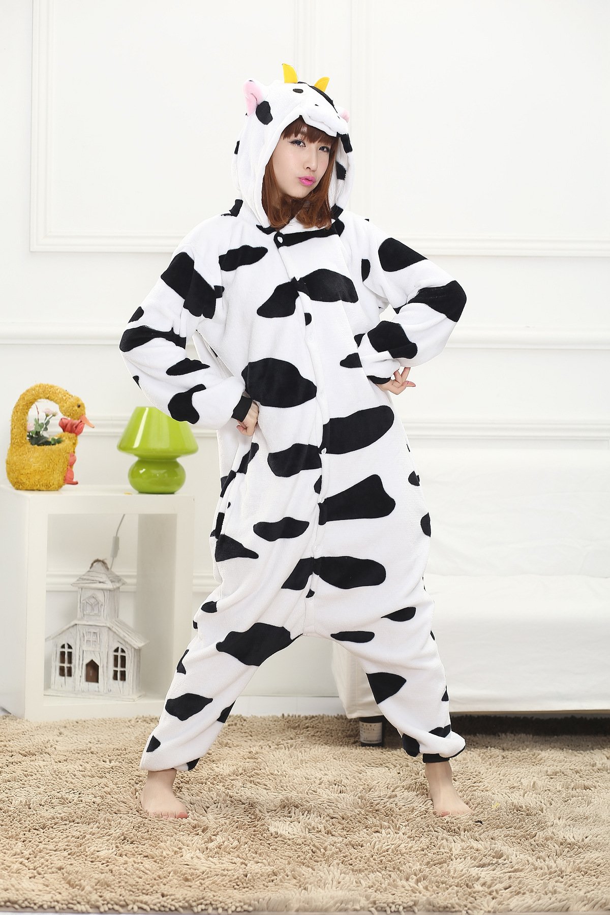 White and Black Cow Animal Onesie Cosplay Costume Giraffe Adult Pajamas Unisex Flannel Sleepwear Hoodie For Women Men