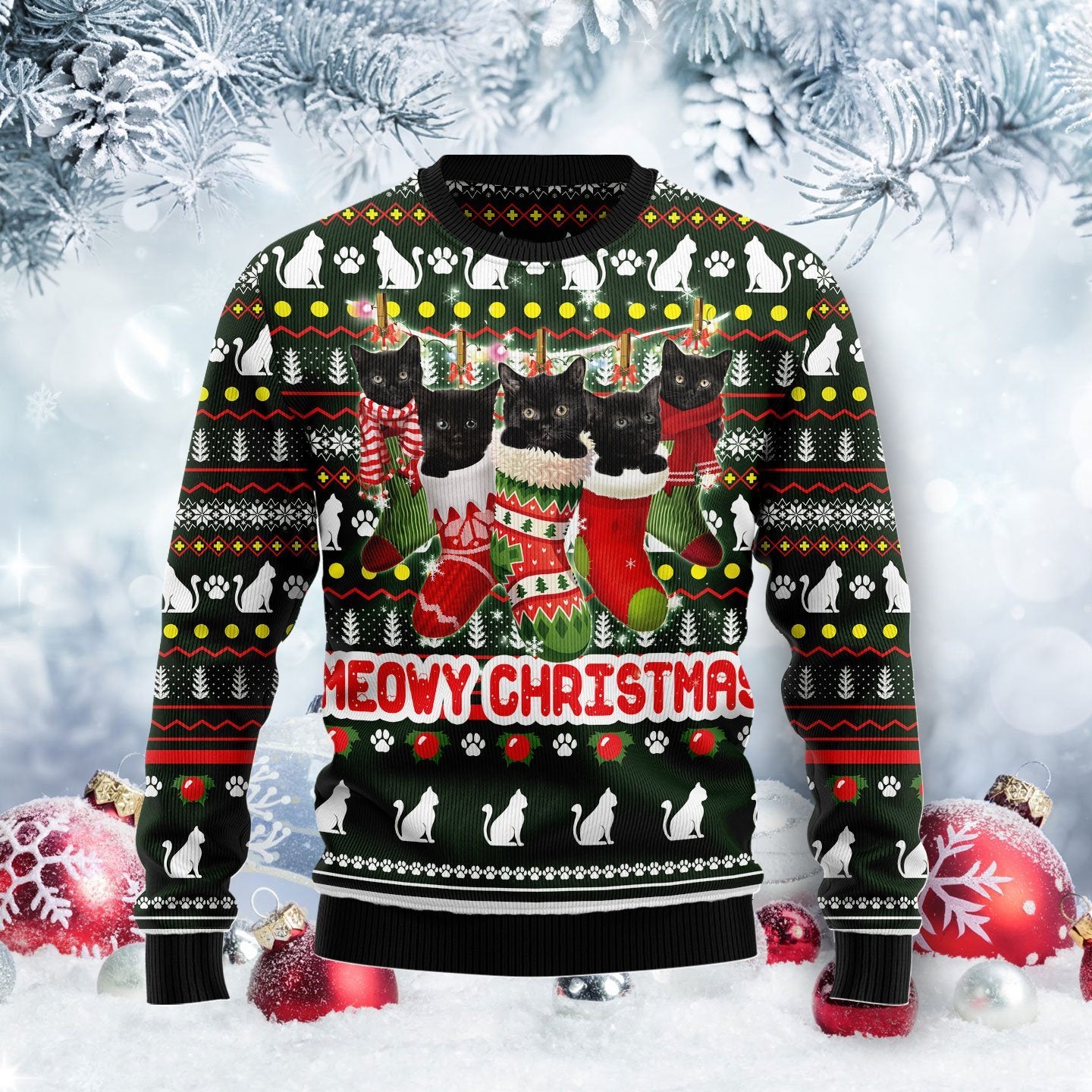 Meowy Christmas Black Cat Ugly Christmas Sweater | For Men & Women | Adult | Us6079